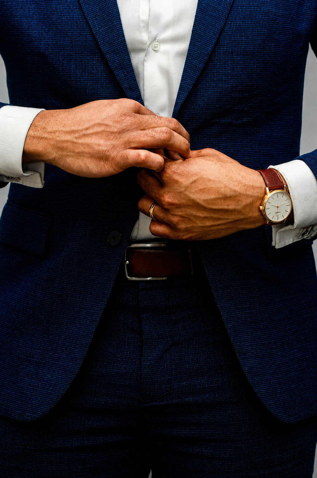 A mechanical watch worn on the wrist beneath a tailored suit cuff
